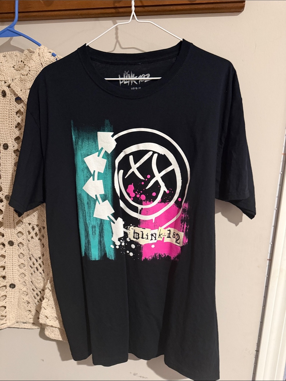 Blink-182 Black Short Sleeve Graphic Tee with Teal & Pink Accents